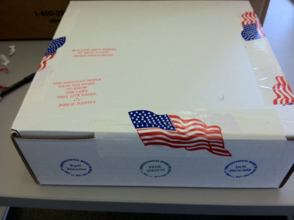 A sealed cardboard box ready to ship