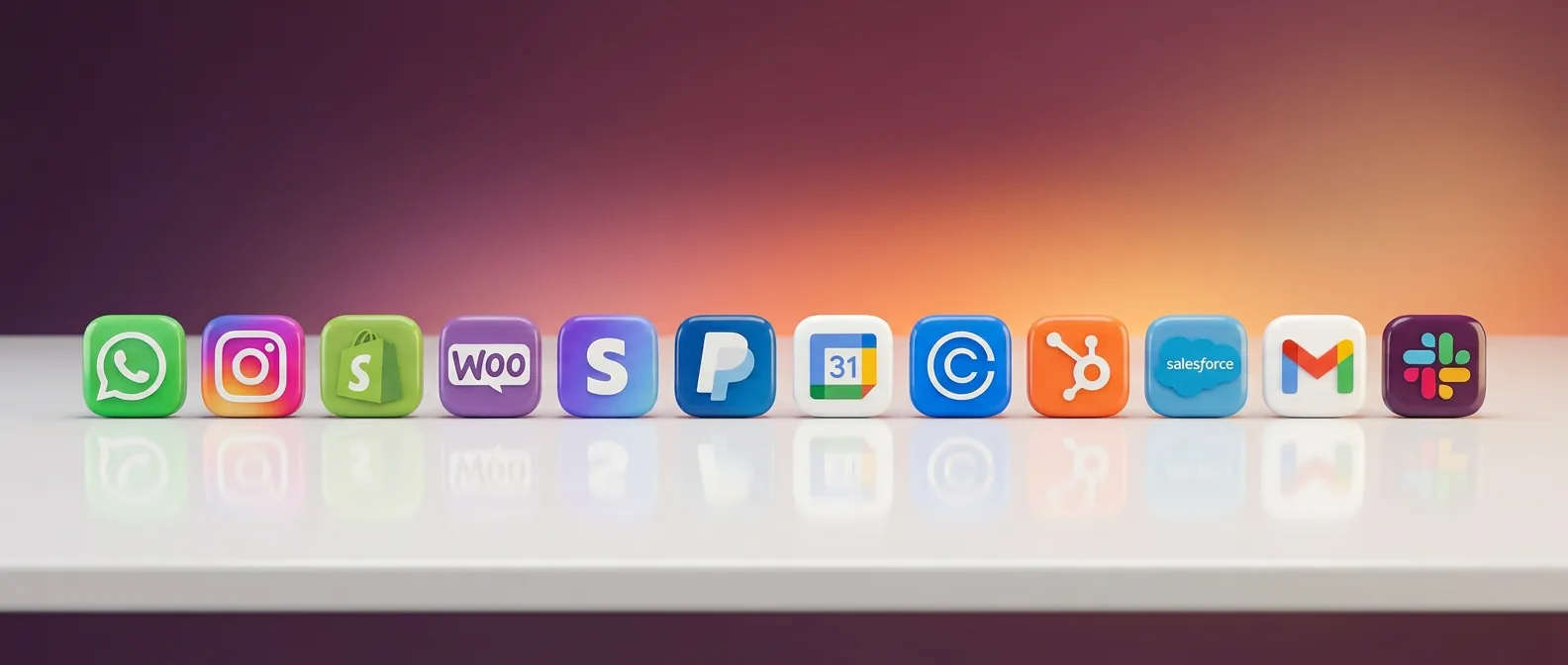 The apps your plum connects with: WhatsApp, Shopify, WooCommerce, Stripe, PayPal, Google Calendar, Calendly, HubSpot, Salesforce, Gmail, and Slack