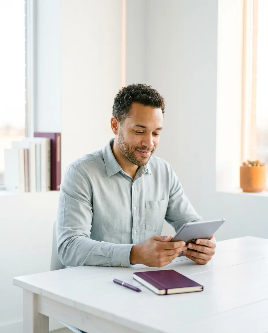 A business owner calmly reviewing what plum learned about his customers on a tablet